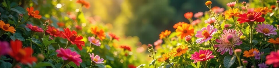 Fototapeta premium Sun-Drenched Summer Garden Vibrant Flowers and Lush Foliage Explode with Color