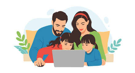 Fototapeta premium A happy family is looking at the computer together indoors.