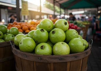 Basket full of ripe guavas displayed at local farmer’s market