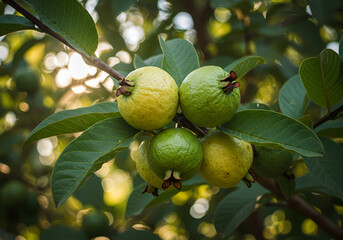 Ripe guava fruits hanging from tree branch surrounded by green leaves
