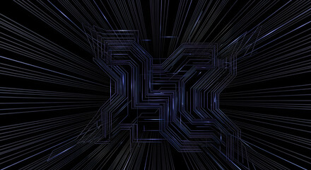 Abstract futuristic technology background with a complex digital circuit board pattern and glowing blue light rays