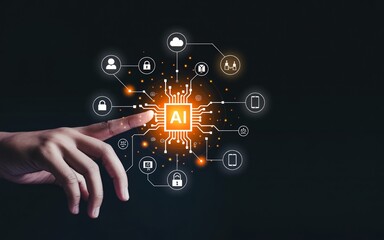 Hand touching glowing AI chip with connected icons on a dark digital background