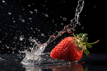Fresh Strawberry Splashing into Water on Black Background