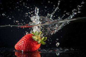 Fresh Strawberry Splashing into Water on Black Background