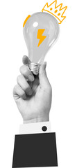 halftone collage hand holding Light bulb creative business idea symbol