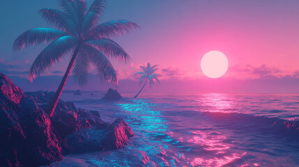 Serene Tropical Beach Sunset with Vibrant Pink and Purple Sky Reflections. A breathtaking view of a tropical beach at sunset, featuring vibrant pink and purple colors reflecting on the ocean water.