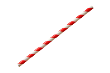 Red and white striped paper straw for festive drinks and decorations on transparent background