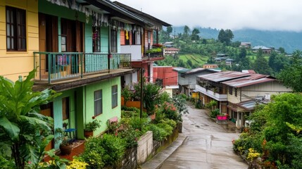 A misty view of Mawlynnong, the cleanest village in India, lush greenery everywhere