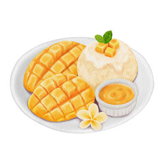 Mango Sticky Rice Thai Dessert with Coconut Milk and Fresh Mango Illustration