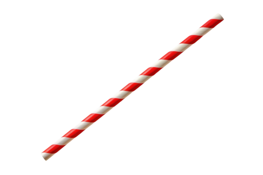 Red and white striped paper straw for festive drinks and decorations on transparent background