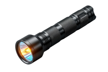 Black flashlight shines brightly against a showcasing its powerful beam and durable design on transparent background