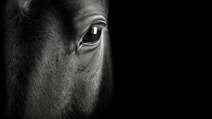 Close up of a black horse’s head with an intense, bright eye. Space for text 