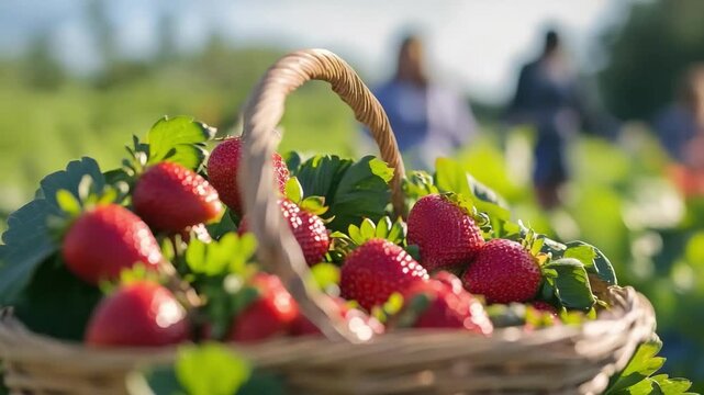 A wicker basket full of ripe strawberries in a sunny strawberry field, with people picking berries in the background.