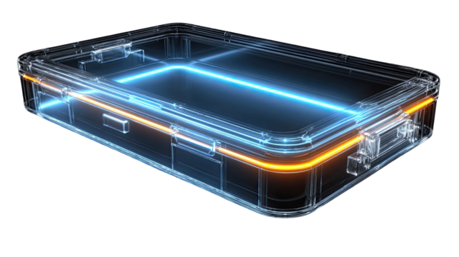 Transparent, glowing container.  Light-blue & orange accents