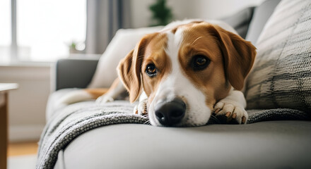 Sad and adorable beagle resting comfortably on a modern sofa indoors looking lovely, beautiful