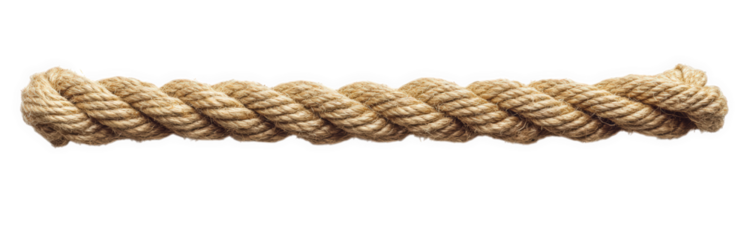 A closeup shot of a sturdy, twisted brown rope isolated on transparent background, showcasing its intricate weave and natural texture, perfect for nautical or rustic themes