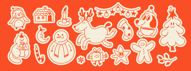 Vector illustration in simple hand drawn style, in trendy playful whimsical quirky style, for Christmas and New Year prints, cards, banners, with funny and friendly mascots and characters