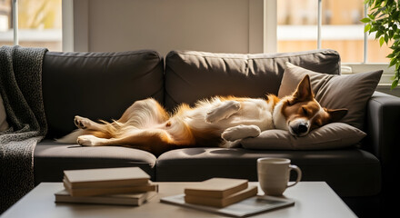 Cozy canine companion peacefully sleeping on a couch bathed in warm sunlight indoors