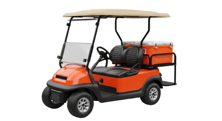 Isolated orange golf car ready to play the next hole or drive around neighborhood nicely