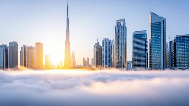 Skyline Elegance: The modern skyline of the city stands proudly against a backdrop of clouds, embodying contemporary architecture and metropolitan allure.