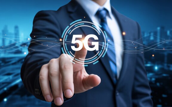 Businessman touching 5G network interface on screen with city skyline background