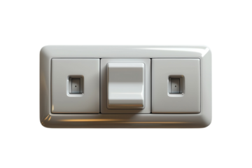 White light switch with two dimmer switches for controlling lighting in a modern home interior on transparent background