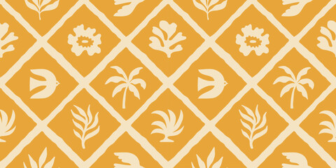 Vector seamless pattern in simple floral wavy and groovy naive style, ocean and vacation theme,  flowers and plants, floral botanic hand drawn design templates, modern art prints, surface design