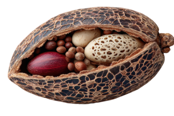 Closeup of a nutmeg seed pod revealing nutmeg mace and nutmeg seed on transparent background