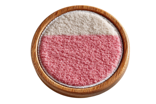 Round bamboo container displays a reusable makeup remover pad with pink and white layers for skincare on transparent background