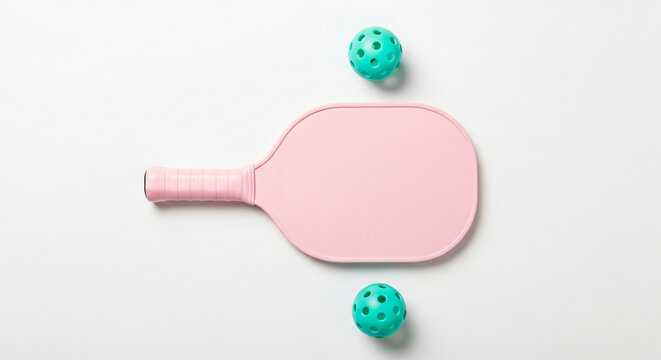 a pastel pink pickleball paddle with two turquoise balls on a clean white background