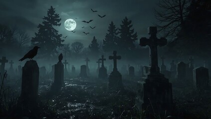 Spooky Graveyard at Night
