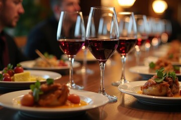 Naklejka premium Experience a Virtual Wine Tasting Dinner Event Featuring a Selection of Wines from Various Regions, Paired with Gourmet Dishes Curated by a Chef - Follow Along with the Fun!