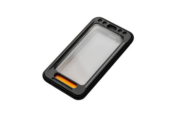 Rugged black smartphone case with orange accent provides protection for mobile devices on transparent background