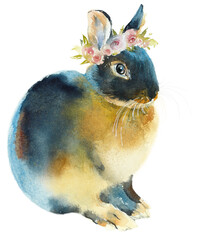 Decorative bunny. Black rabbit. With wreath of roses. Watercolor hand drawn illustration