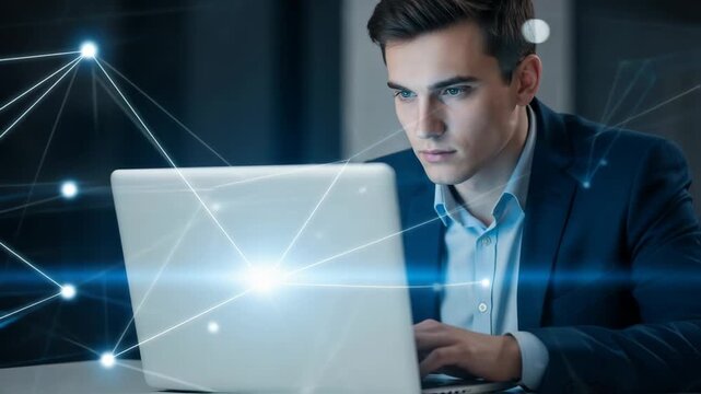 Young man with light brown hair focused on laptop screen, surrounded by digital network connections, illustrating technology and innovation in a modern workspace environmen - Powered by Adobe