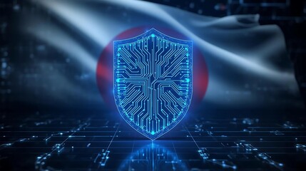 Shield with Glowing Circuit Patterns. Digital shield made of blue glowing circuits, standing in front of waving Japanese flag, abstract cybernetic background, modern professional advertising stock...