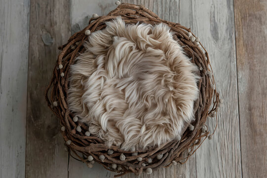 Rustic wooden plank background, light neutral tones, styled for cozy newborn photography 