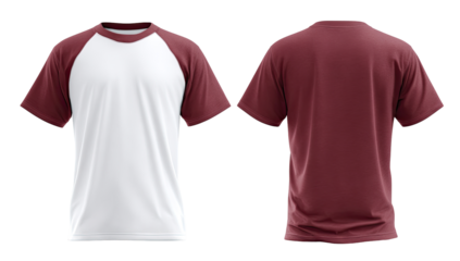 Front and back view of a maroon t-shirt with white sleeves