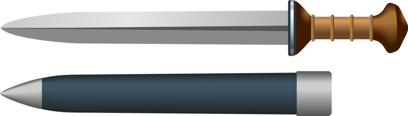 Obraz premium Pair of blades with wooden handle and sheath; suitable for product photography, marketing materials, and design mockups.