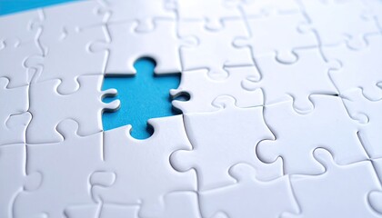 White puzzle missing one piece on blue background