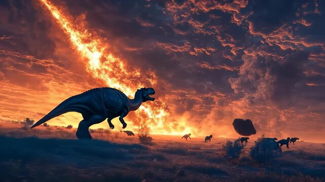 Ancient cosmic strike: extinction layer, prehistoric period, fossil imprint, dinosaur disappearance, geologic frontier, species downfall, atmospheric change, meteor force, Earth impact,