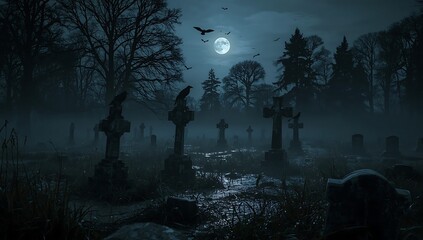 Spooky Night Cemetery Halloween Background