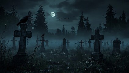 Spooky Night Cemetery with Fog and Moon