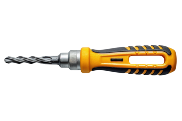 Close up of a drill bit with a yellow and black handle for construction and home improvement projects on transparent background