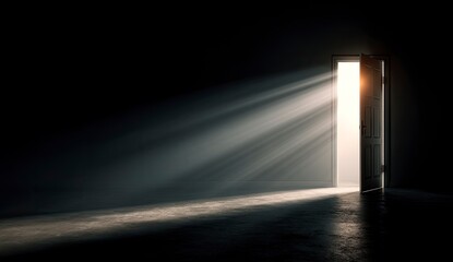 Open door light rays dark room mystery