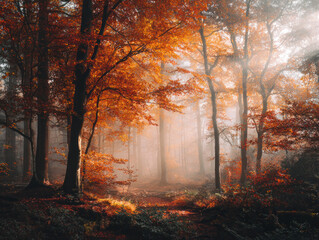 A beautiful autumn forest with sunlight filtering through misty trees, showcasing vibrant orange leaves and a serene atmosphere.