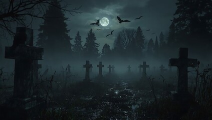 Spooky Graveyard at Night