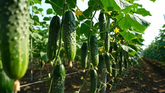 Cucumbers dangle from vines in a greenhouse ready for harvest Lush leaves and yellow flowers dot the scene with rows stretching into the distance