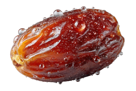 Close up of a fresh date with water droplets glistening on its surface against a on transparent background