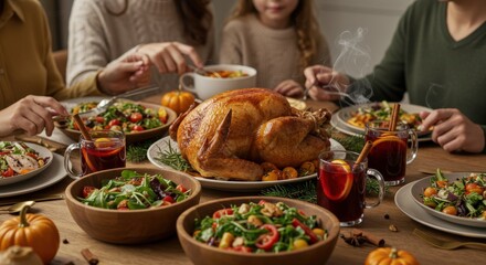 Thanksgiving Dinner Table with Roasted Turkey and Family Gathering.